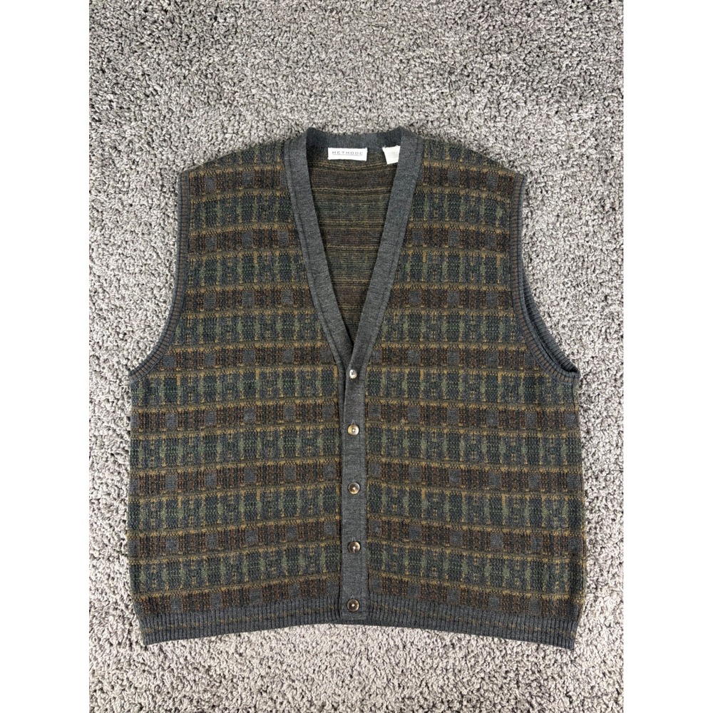 Vintage Methode Men XL Cardigan Sweater Vest Wool Blend Geometric Grey Green